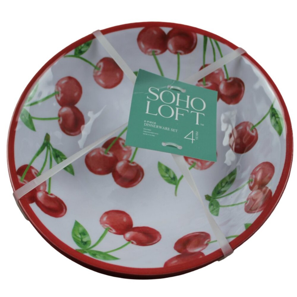Soho Loft Cherry Melamine Bowls Set of 4 Cereal Soup White Red 8" NWT